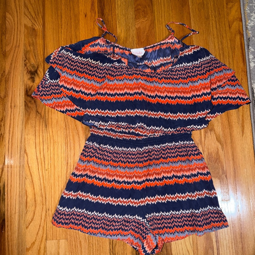 Parker Orange and Navy Zigzag Romper